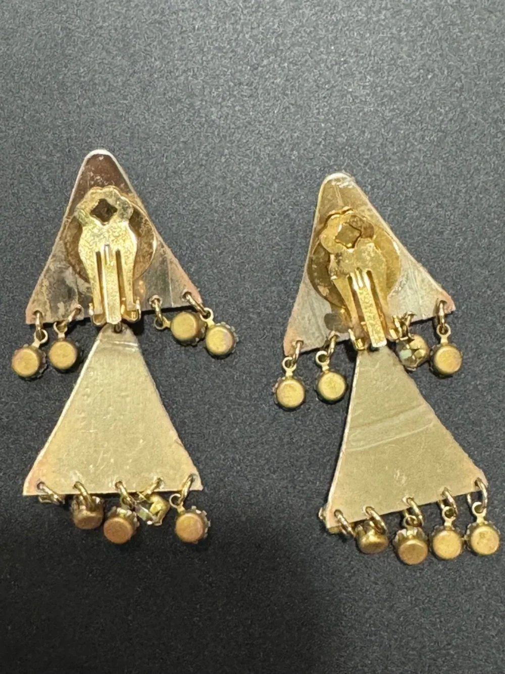 80s Vintage Yellow Resin Triangle‎ Drop Earrings with Holographic AB Crystals